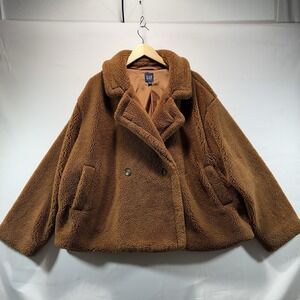 GAP Sherpa Teddy Coat Womens XXL Brown Faux Fur Fleece Double Breasted 2XL